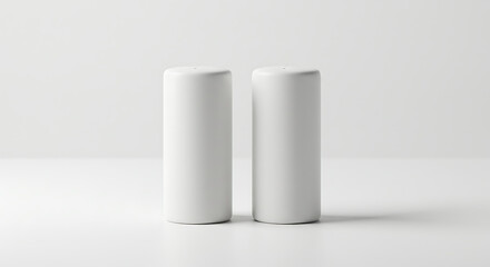 Minimalist Still Life of Two Elegant White Salt and Pepper Shakers on a Seamless Bright White Background in a Studio