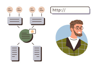 Flowchart depicts data organization and connectivity, paired with a friendly face. Ideal for education, teamwork, networking, analysis, digital tools, knowledge management communication. Simple flat