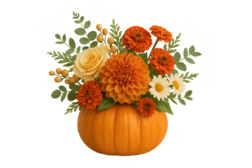 Vibrant autumn flowers blooming from a pumpkin vase on transparent background