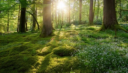 Obraz premium sunlight streams through leaves onto a tranquil forest floor dappled light illuminating lush green moss and wildflowers a sense of peaceful untouched nature pervades the scene trees beauty
