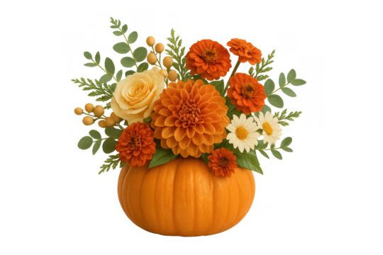 Vibrant autumn flowers blooming from a pumpkin vase on transparent background