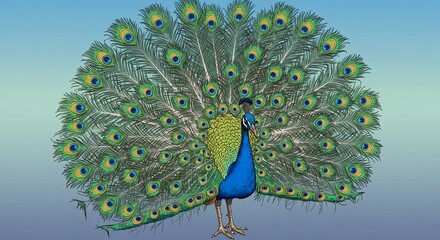 Stunning peacock displays vibrant, iridescent plumage in full fanned glory against a serene gradient sky, a symbol of beauty and rebirth, captivating all who behold its magnificent display.