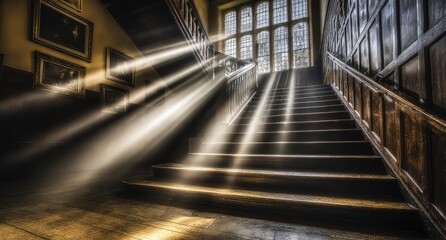 Fototapeta premium Sunbeams illuminate antique wooden stairs