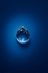 Water droplet glistens on a deep blue surface, reflecting light and creating a sense of purity and serenity in a minimalist composition.