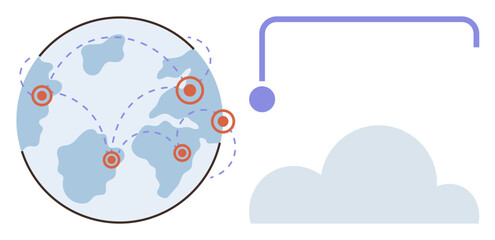 Globe with network lines connecting continents and nodes paired with cloud storage symbol. Ideal for technology, communication, data exchange, globalization, internet, cloud computing, remote