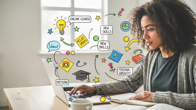A woman uses her laptop for online learning, surrounded by animated doodles about new skills and personal growth - Powered by Adobe