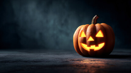 close-up of single jack-o-lantern with soft glowing light inside, rich orange texture on matte black backdrop, minimalist eerie Halloween aesthetic with negative space