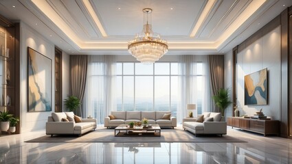 Elegant Luxury Living Room With Large Windows And Chandelier Modern Interior Design