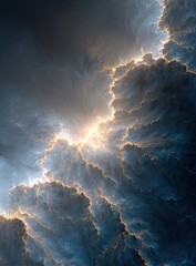 Golden light breaks through dark clouds, celestial event, digital art, cosmic background, wallpaper