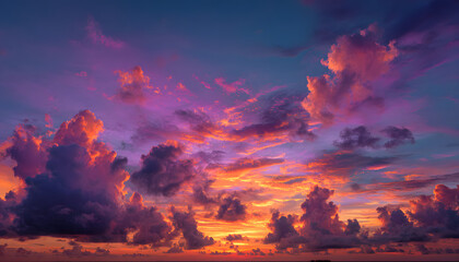Fototapeta premium Vibrant Magenta Sunset Sky Illuminated With Soft Clods and Orange Horizon Creaing Dramatic Scene