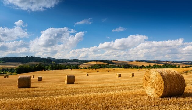 golden field hay bales in a vast field under a bright blue sky with fluffy white clouds and rolling hills in the background