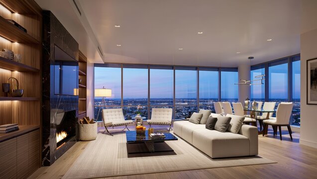 Luxurious High Rise Apartment Living Room With Panoramic City Views At Dusk