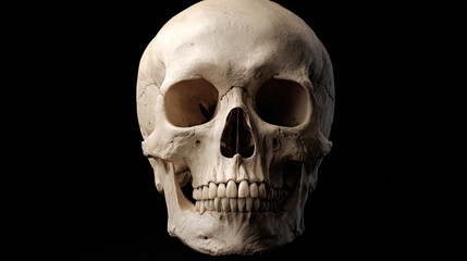 Obraz premium close-up of single human-style white skull with detailed bone texture on deep black background, minimalist helloween with ample blank space