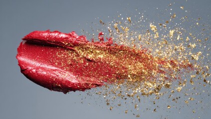 Red lipstick smudge with gold glitter explosion on a gray background