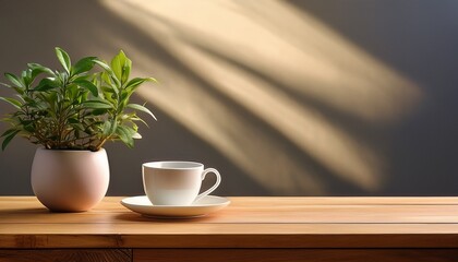 wooden table with potted plant and cup