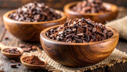 Obraz premium Delicious Dark Chocolate in Wooden Bowls on Rustic Table
