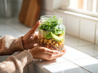 Bright kitchen scene with hands holding layered jar salad of quinoa, chickpeas, avocado, and greens.
Perfect for meal prep ads, healthy lifestyle blogs, or wellness brand visuals.
