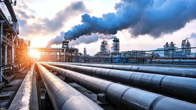 Steel pipes release steam on sunny day in oil refinery factory, the concept of industry and manufacturing plant