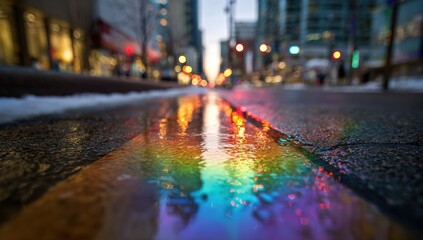 Obraz premium Urban street scene at twilight, focused on a wet, reflective road divider