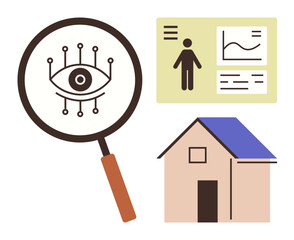 Magnifying glass over an eye with circuit lines, data panels showing stats, and a house icon. Ideal for surveillance, data privacy, analytics, security, smart home technology research. Simple flat