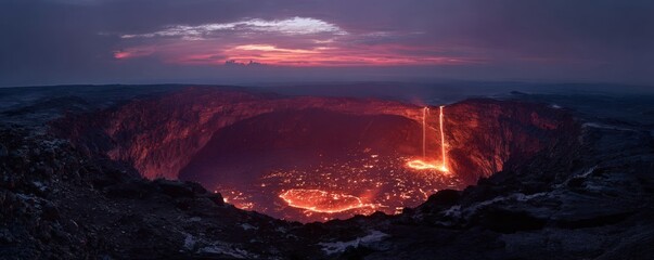 Volcanic crater at dusk with lava falls