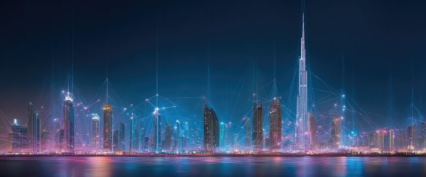A futuristic cityscape at night, with glowing skyscrapers and interconnected lines