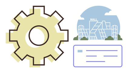 Gear mechanism beside shopping mall and ID card symbolizes retail automation. Ideal for retail innovation, business strategy, technology integration, e-commerce, automated processes, urban design