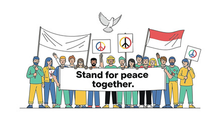 A diverse group of people holding signs and banners advocating for peace, with a dove symbol overhead.