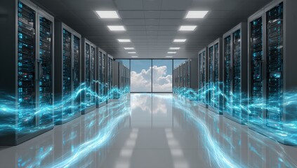 Modern server room with energy flow