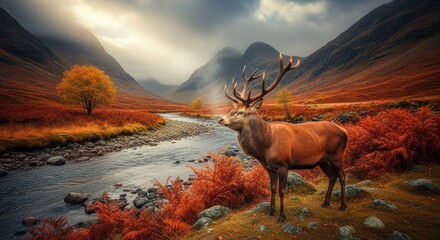 Majestic stag in autumnal mountain valley