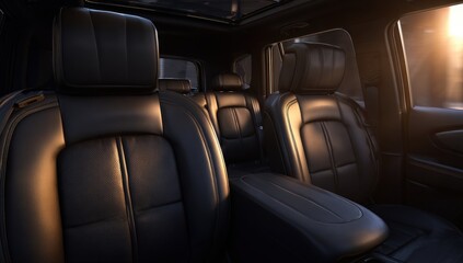Interior view of a dark-colored SUV.  Sunlit leather seats