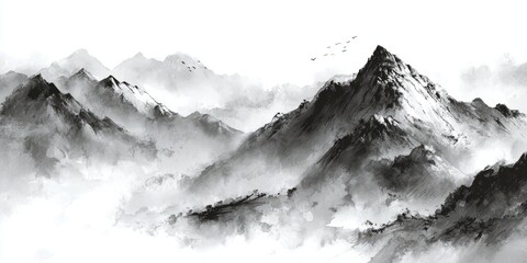Misty mountain range, birds fly, serene landscape, Asian art style, wall art