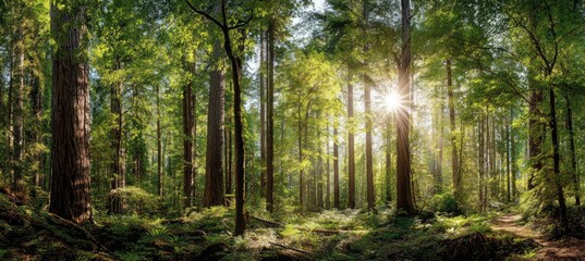 Sunlight streams through a dense forest of tall trees