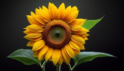sunflower bright yellow flower with green leaves and detailed