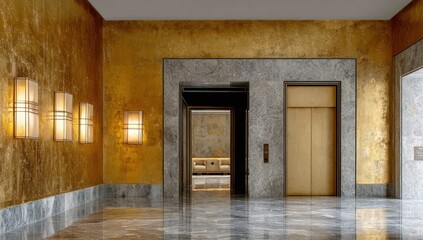 Modern, gold-toned interior hallway with elevators