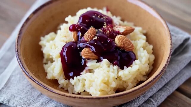 Bowl of rice with berry sauce and almonds