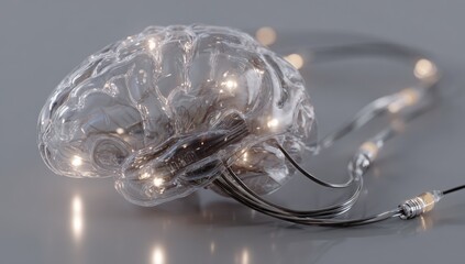Transparent brain with glowing lights and wires