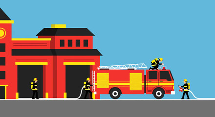 Firefighters in Action at the Fire Station with a Firetruck