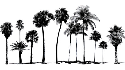 Tropical palm trees set silhouettes on transparent background