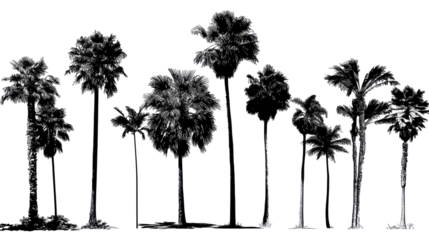 Tropical palm trees set silhouettes on transparent background