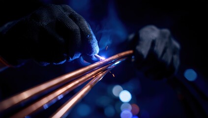 Close-up of a welder joining copper pipes in a dark workshop