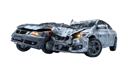 Two cars in a side collision with dents and broken parts on transparent background