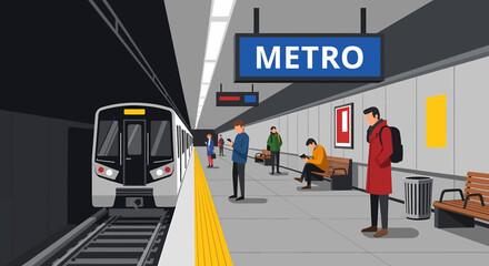 Vector illustration of commuters waiting on a modern subway platform as a train pulls into the underground station for the daily urban journey