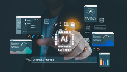 Businessman interacts with a futuristic AI agents holographic interface. He touches a central processor icon surrounded by data charts, graphs, and a command prompt for managing information.