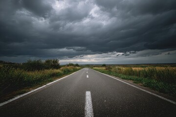 Naklejka premium Straight asphalt road under a stormy sky