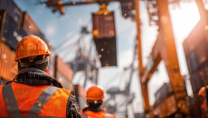 Workers at a busy port, loading containers