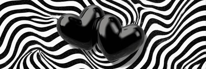 Two glossy black hearts on a black and white hypnotic wavy background