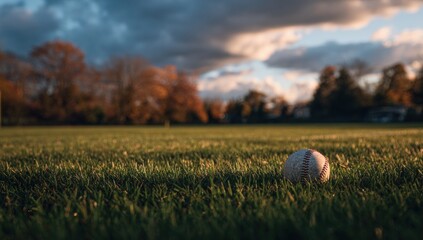 Baseball on a grassy field at sunset