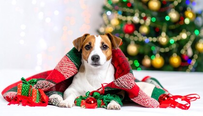 Festive dog under blanket by Christmas tree
