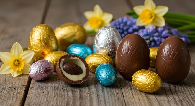 "Assorted Chocolate Easter Eggs, Foil-Wrapped Treats, and Spring Flowers – A Beautiful Easter Display of Rich Chocolate, Colorful Eggs, and Vibrant Blooms to Celebrate the Season with Sweet Delights." - Powered by Adobe